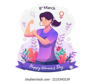 Una hermosa y sonriente mujer fuerte que muestra los puños y los puños musculares.  Empoderamiento de la mujer, feminismo, igualdad de género. Feliz Día de la Mujer. Ilustración vectorial de estilo plano