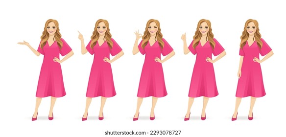 Smiling beautiful woman curly hairstyle in dress set with different gestures isolated vector illustration