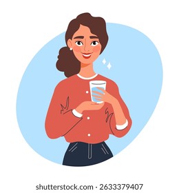 Smiling beautiful woman with a glass of water in her hands. Concept of hydration, healthy lifestyle, and daily self-care. Perfect for wellness blogs, apps. Flat vector illustration