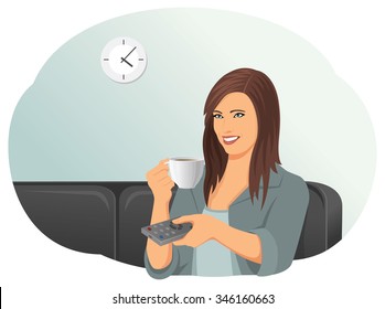 Smiling beautiful woman on a sofa is changing television channel with remote control and drinking a cup of coffee. Entertainment and relaxation.