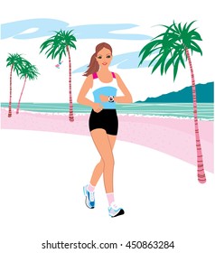 Smiling beautiful woman running at the beach in Summer. Vector illustration