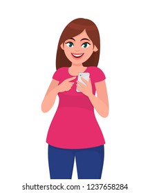 Smiling beautiful young woman holding smart phone, while standing against white background isolated. Modern lifestyle and communication concept illustration in vector cartoon flat style.