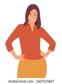 Smiling beautiful young woman  posing with hands on hip. Trendy girl standing and looking. Female character design illustration.  Concept in vector cartoon style