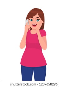 Smiling beautiful young woman talking on smart phone and holding hand on face excited expression. Modern lifestyle and communication concept illustration in vector cartoon flat style.