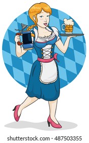 Smiling beauty waitress in traditional dirndl serving the beers in classic stein and glass in Oktoberfest event.