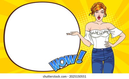 smiling beauty woman gesture presenting something woman gesture presenting something with dot background pop art comics style.