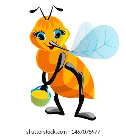 Smiling bee with a bucket of honey. Bright cartoon bee toiler character joyful character image print on baby clothes