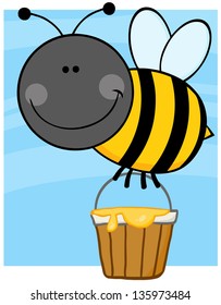 Smiling Bee Cartoon Character Flying With A Honey Bucket