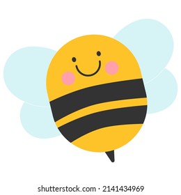 Carácter lindo de abeja sonriente. Bumblebee con alas. Logo de vector rayas amarillas y negras para granja local de miel. Icono tipo infantil para tarjetas de guardería, carteles, impresión en papel, tela y ropa.
