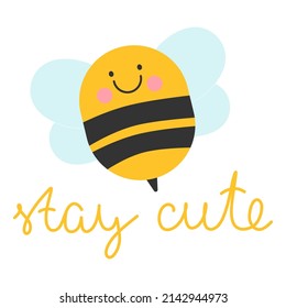 Smiling bee cute character. Bumblebee bug with wings. Yellow and black striped vector logo for honey locar farm. Childish kind icon for nursery cards, posters, printing on paper, fabric and clothes.
