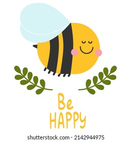 Smiling bee cute character. Bumblebee bug with wings. Yellow and black striped vector logo for honey locar farm. Childish kind icon for nursery cards, posters, printing on paper, fabric and clothes.
