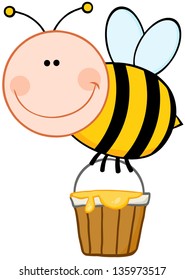 Smiling Bee Flying With A Honey Bucket