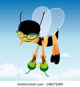 Smiling Bee Flying With a Honey in The Sky.