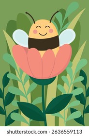 Сheerful smiling bee sitting inside a pink flower. Illustration with funny bumblebee character in the garden