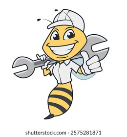 smiling bee worker holding wrench, mascot design