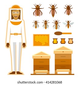 Smiling beekeeper with bees and apiaries. Women beekeeper costume. Bee, honey, bee house, honeycomb