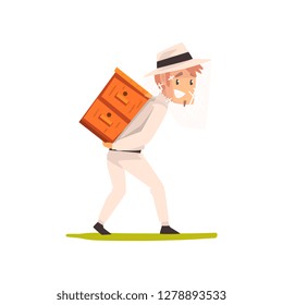 Smiling beekeeper man carrying a beehive, apiculture and beekeeping concept vector Illustration