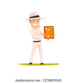 Smiling beekeeper man with a honeycomb frame in his hands, apiculture and beekeeping concept vector Illustration