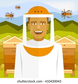 Smiling beekeeper on apiary with bees and beehives. 