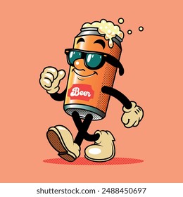 Smiling beer can character, walking, wearing sunglasses. Vintage cartoon mascot.