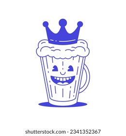 Sonriente taza de cerveza en la corona divertido personaje de caricatura retro estilo de animación de los años 30 línea de arte ilustración vectorial icono de la cerveza. Feliz vaso de espumosa malta ale alcohol bebida positiva mascota dibujo emoticono