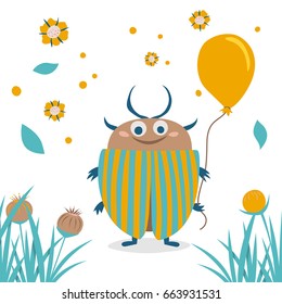Smiling beetle keeps abstract balloon. Cute hand drawn bug. Vector illustration. Greeting template