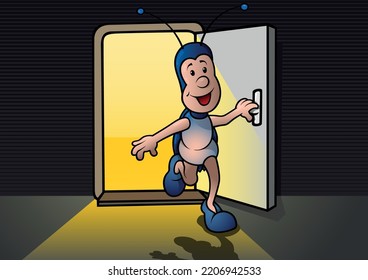 Smiling Beetle in the Open Door from Front View - Colored Cartoon Illustration with Background, Vector