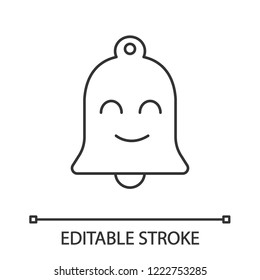 Smiling bell linear icon. Happy notifications, announcements. Thin line illustration. Reminder alarm. Emoji, emoticon. Contour symbol. Vector isolated outline drawing. Editable stroke
