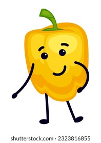 Smiling bell pepper character, isolated cartoon personage with hands and legs. Cute veggie with smile on face, emotions expression. Sticker or emoji, emoticon for social media. Vector in flat style