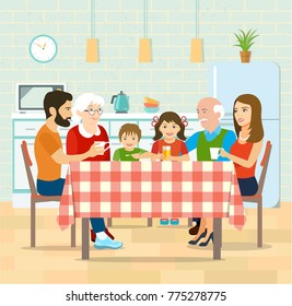 Smiling big family having dinner in kitchen. Vector flat style illustration