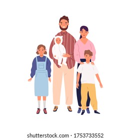 Ilustración plana vectorial de gran familia sonriente. Feliz madre, padre y tres hijos, aislados de fondo blanco. Padres, hijos, hijas y bebés juntos