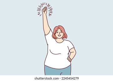 Smiling big size woman doing warm-up raising hands up leads active lifestyle. Girl in casual clothes making stretching before going to fitness room or sports club. Flat vector illustration