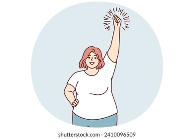 Smiling big size woman doing warm-up raising hands up leads active lifestyle. Girl in casual clothes making stretching before going to fitness room or sports club. Flat vector illustration