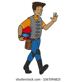 Smiling biker with helmet in hand with a raised hand walking. Color vector flat illustration isolated on white background. 
