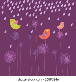 Smiling birds on flowers under rain design in violet in vector