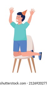 Smiling birthday boy semi flat color vector character. Sitting figure. Full body person on white. Festive celebration simple cartoon style illustration for web graphic design and animation