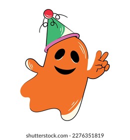 Smiling birthday ghost sticker vector in flat style 