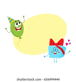 Smiling birthday party characters - floating balloon and present, gift, cartoon vector illustration with space for text. Funny birthday gift and balloon in party hat characters, mascots