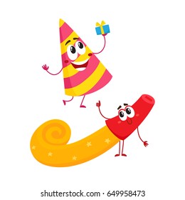 Smiling birthday party characters - spriped hat and horn, blower,noise maker, cartoon vector illustration isolated on white background. Funny birthday party hat and horn, blower characters, mascots