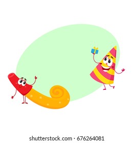 Smiling birthday party characters - spriped hat and horn, blower,noise maker, cartoon vector illustration with space for text. Funny birthday party hat and horn, blower characters, mascots