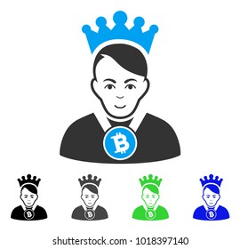 Smiling Bitcoin Lord vector icon. Vector illustration style is a flat iconic bitcoin lord symbol with grey, black, blue, green color variants. Human face has glad sentiment.