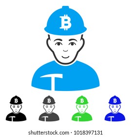 Smiling Bitcoin Miner vector icon. Vector illustration style is a flat iconic bitcoin miner symbol with grey, black, blue, green color versions. Human face has glad feeling.