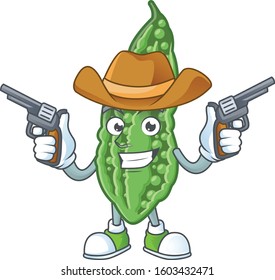 Smiling bitter melon mascot icon as a Cowboy holding guns