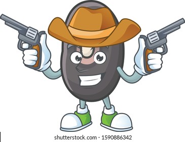 Smiling black beans mascot icon as a Cowboy holding guns
