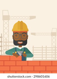 A smiling black builder wearing a hard hat buiding a brick wall. A Contemporary style with pastel palette, soft beige tinted background. Vector flat design illustration. Square layout.