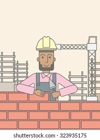 Ein lächelnder schwarzer Bauer mit einem harten Hut baut eine Ziegelwand. Vektorliniendesign-Illustration. Vertikales Layout mit Textbereich.