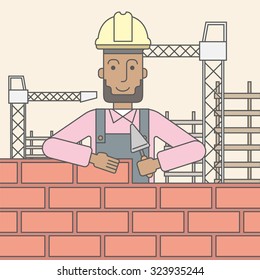 A smiling black builder wearing a hard hat building a brick wall. Vector line design illustration. Square layout.
