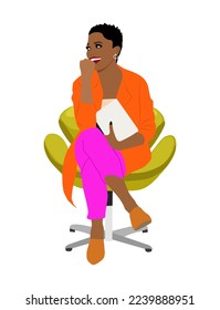 Mujer de negocios negra sonriente sentada en una silla con tablet. Bonita chica afroamericana con brillantes trajes de negocios modernos. Estilo de caricatura vectorial ilustración realista aislada en fondo blanco