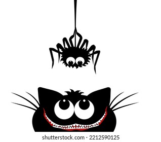 Smiling Black cat face looking up to hanging on dash line web spider insect. Halloween vector element on transparent background