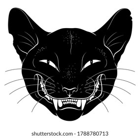 Cabeza sonriente de gato negro. Ilustración digital de tinta vectorizada.